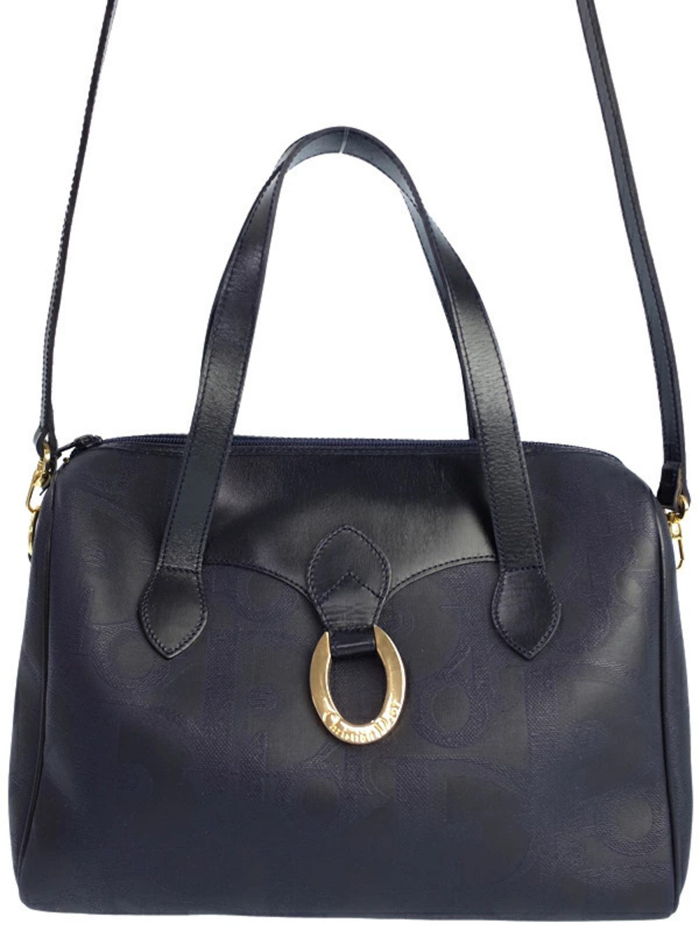 Christian Dior Trotter 2Way Leather Boston Bag navy blue dual top handle